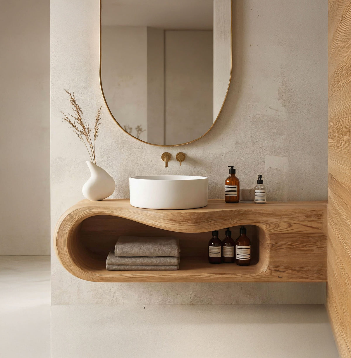 Live edge solid wood wall shelf organizing bathroom essentials in a minimalist space
