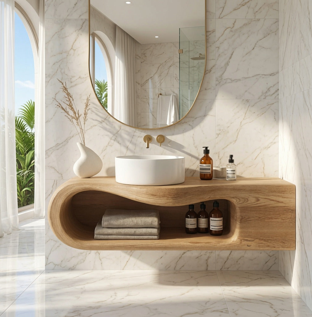 Handcrafted live edge bathroom shelf in solid wood