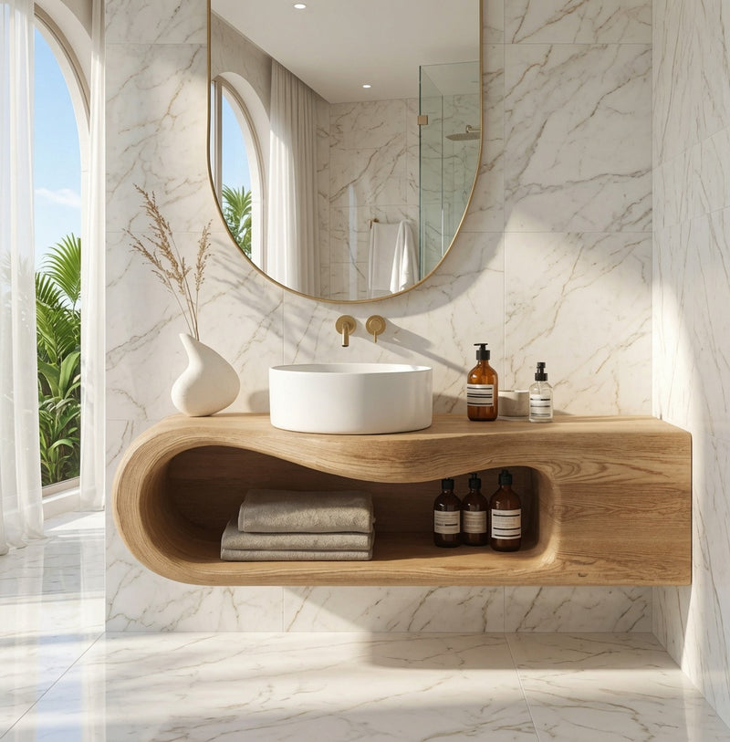 Handcrafted live edge bathroom shelf in solid wood