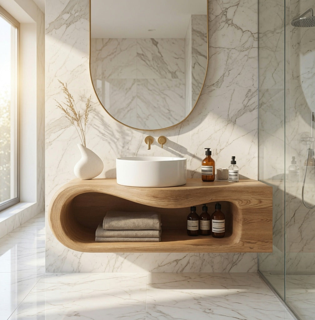 Handcrafted live edge solid wood bathroom shelf in a modern bathroom