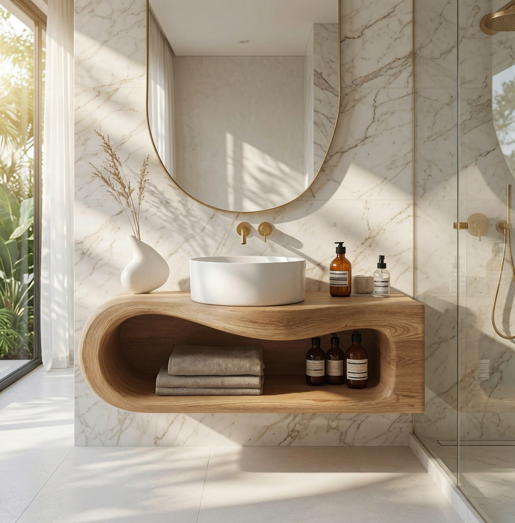 Natural edge wooden wall shelf displaying towels and toiletries in a spa-inspired bathroom