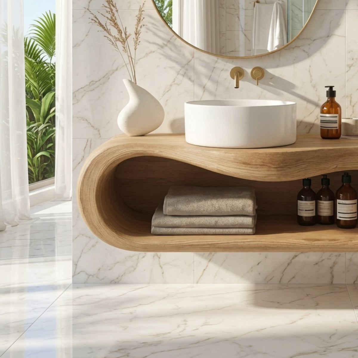 Live edge solid wood bathroom storage shelf