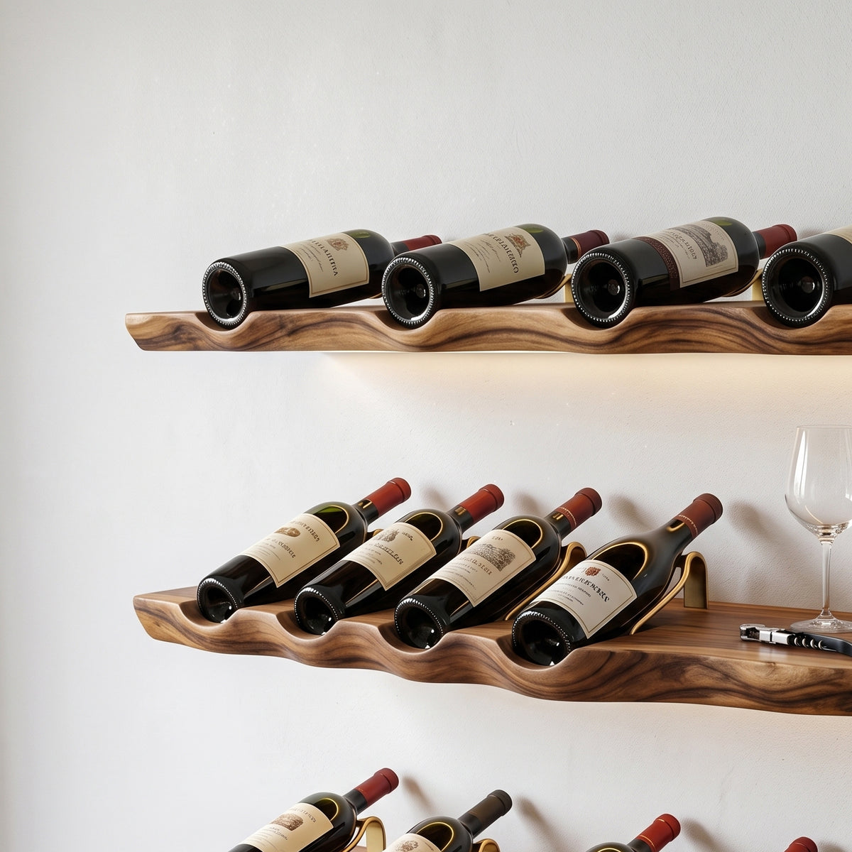 Floating whiskey shelf with natural live edge wood detail
