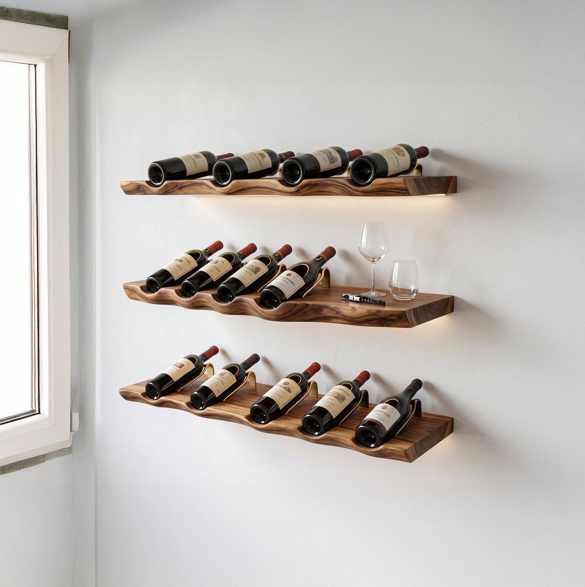 Live edge floating whiskey and wine bar made from solid wood