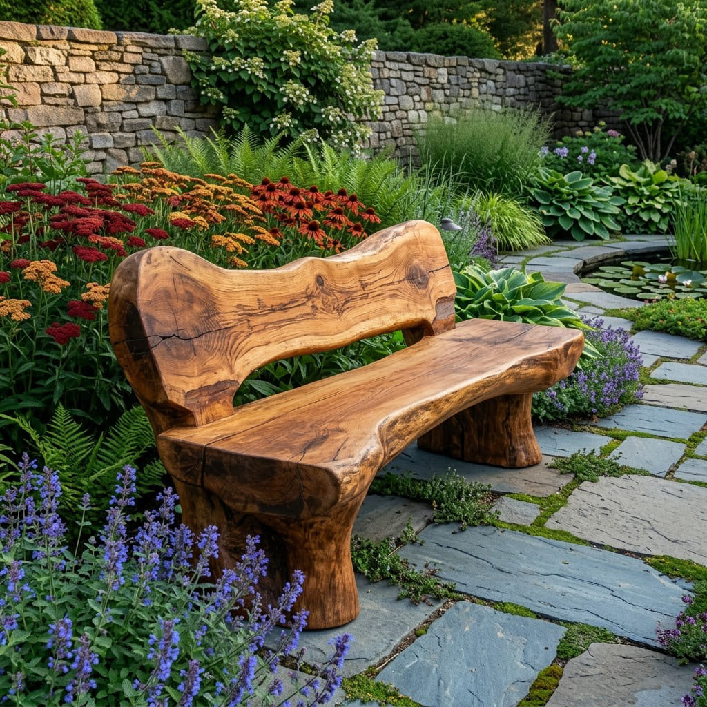 Handcrafted live edge garden bench and rustic outdoor settee in solid wood
