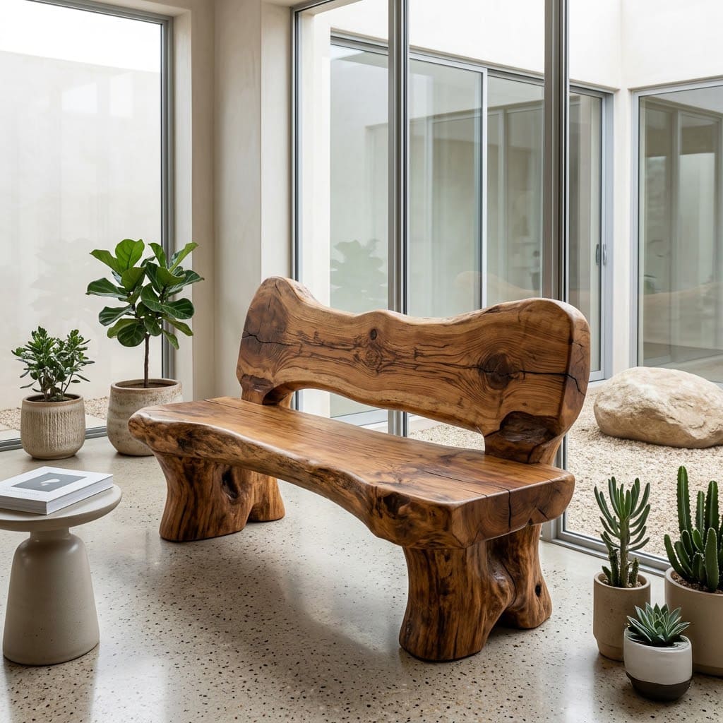 Rustic solid wood live edge garden bench styled in an entryway