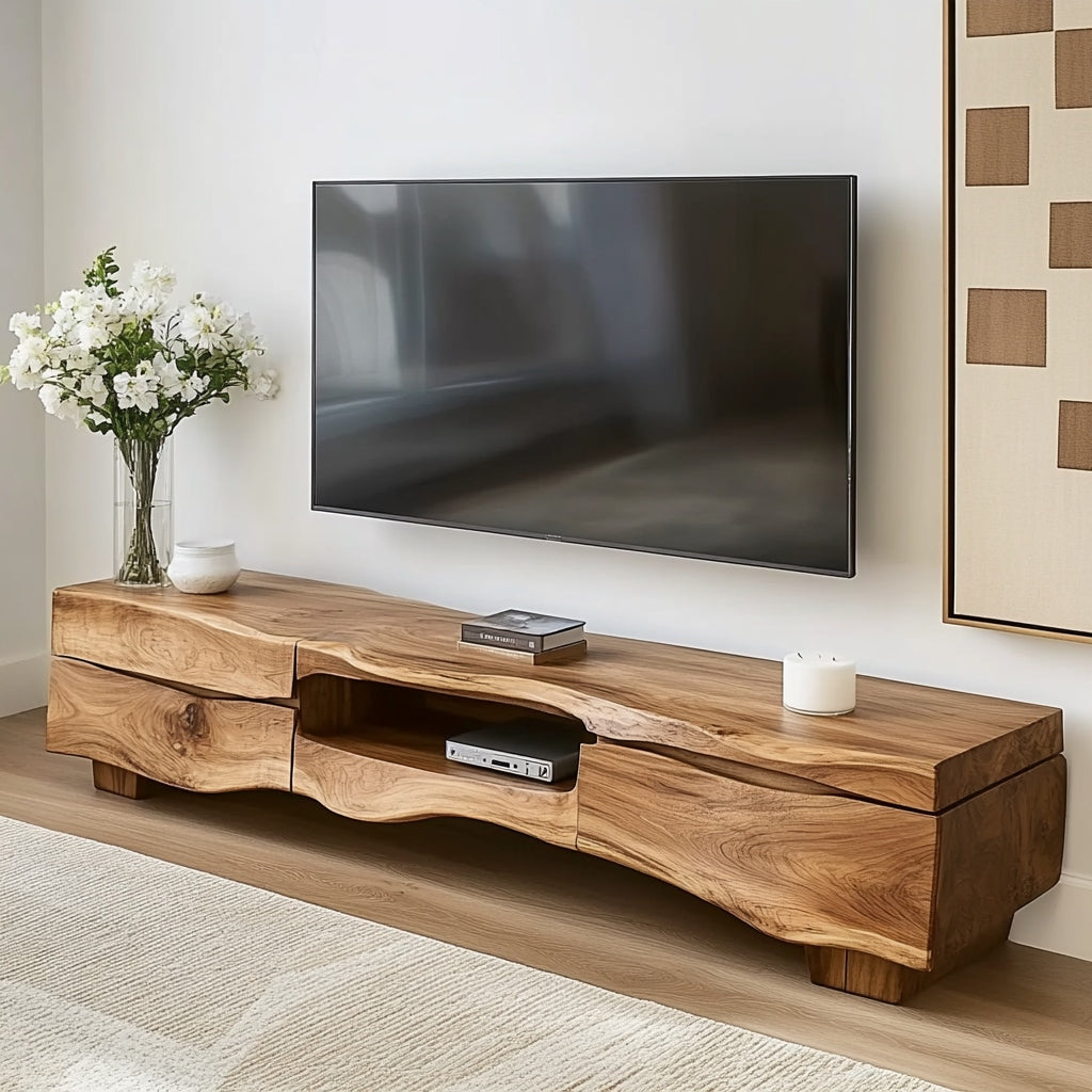 Handcrafted live edge TV console crafted from premium solid wood with built-in storage