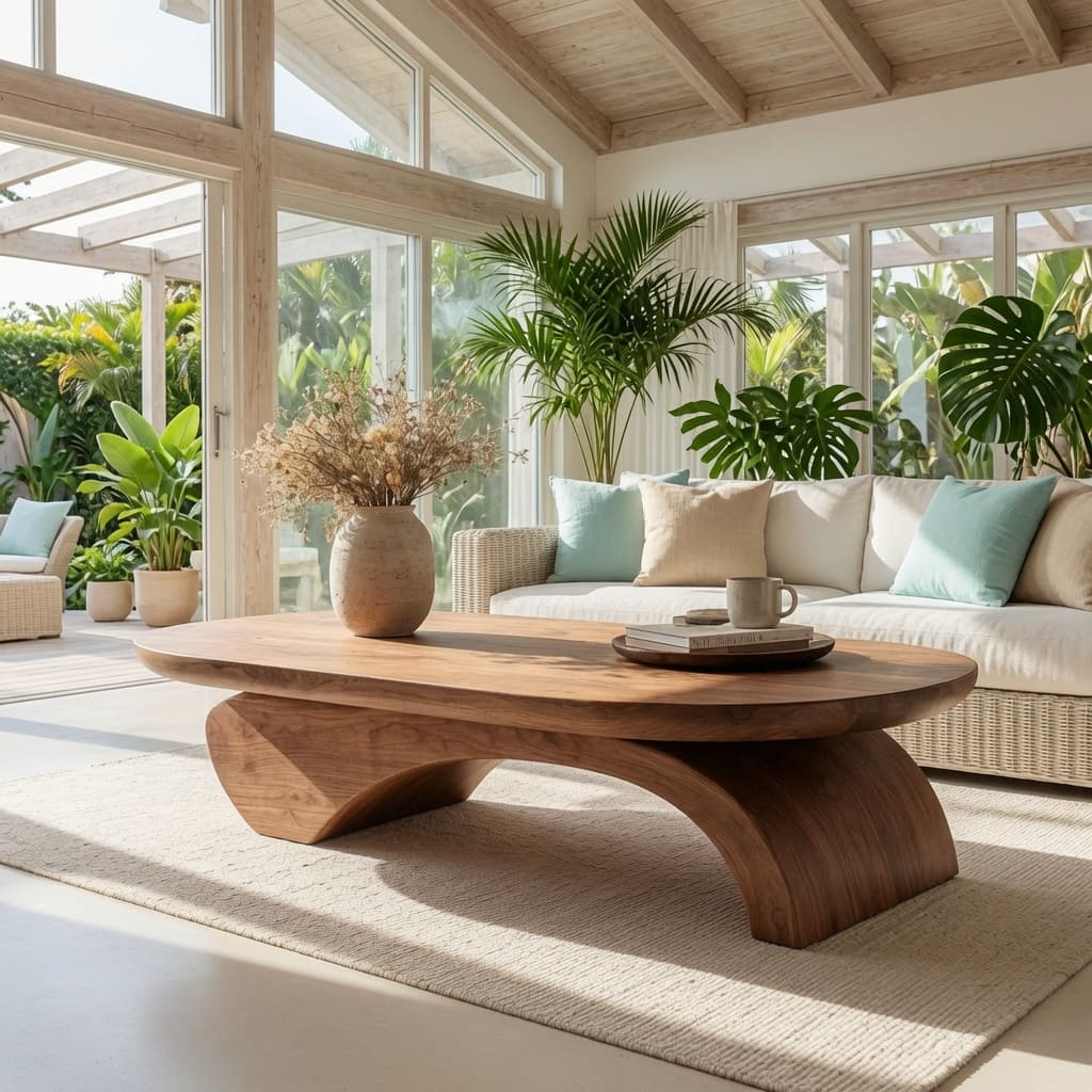 Handcrafted live edge solid wood sculptural coffee table in a modern living room