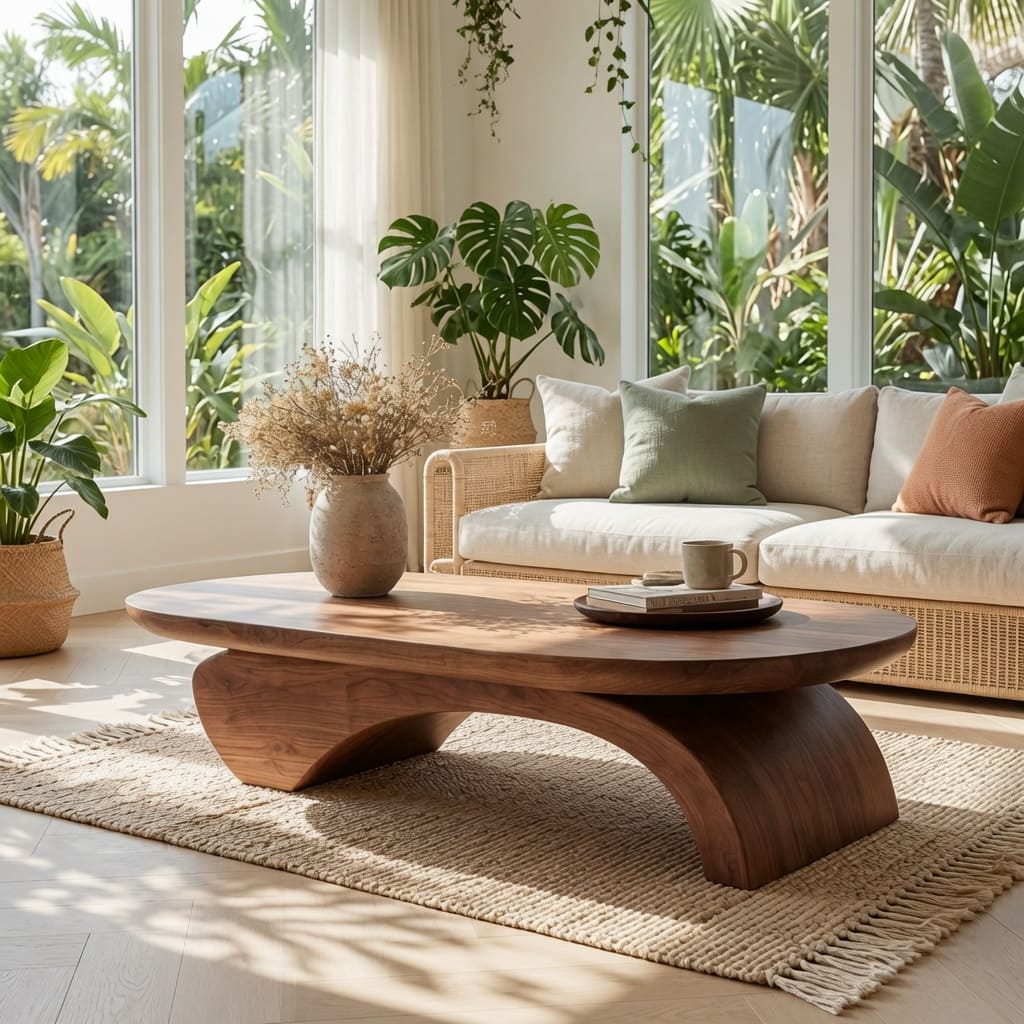 Rustic live edge wooden coffee table paired with a minimalist sofa