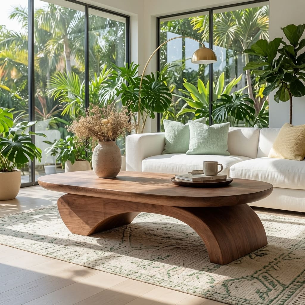 Sculptural solid wood center table enhancing a luxury living room