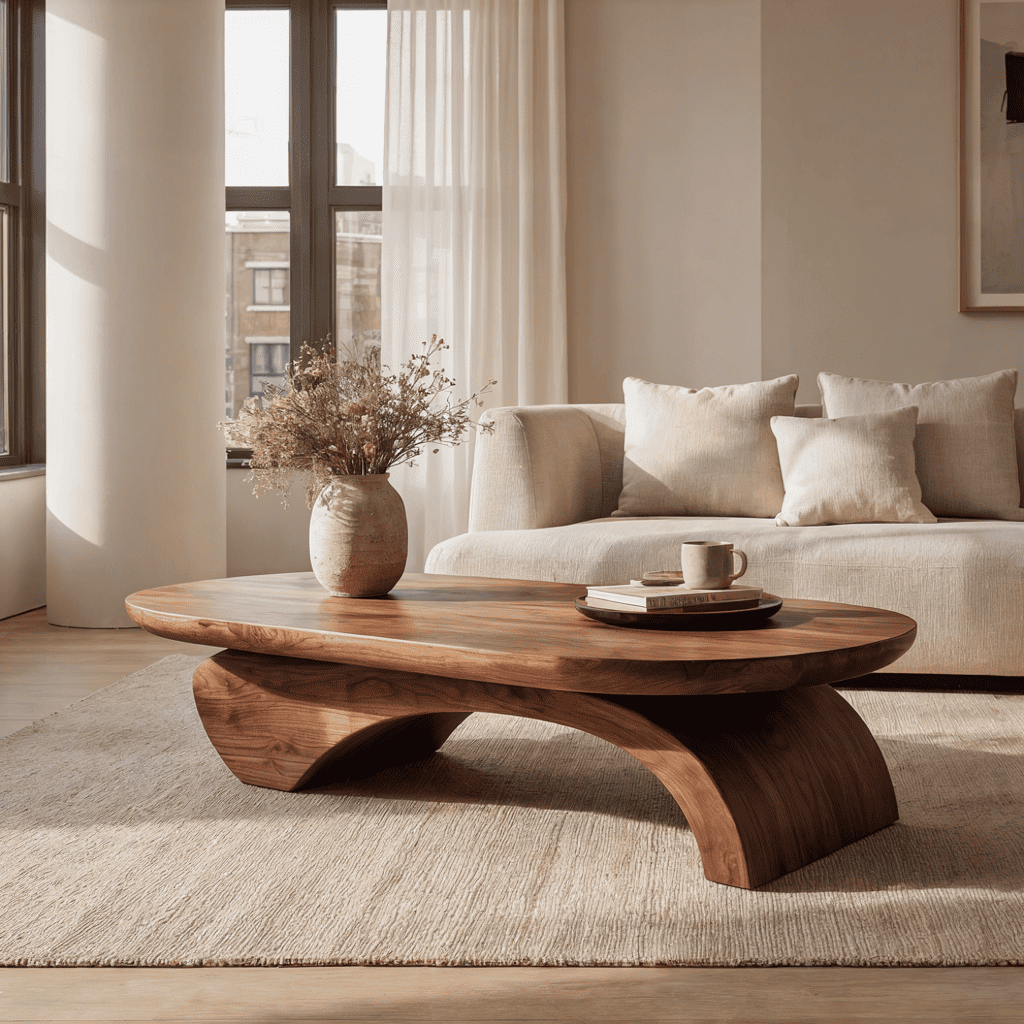 Artisan live edge coffee table displaying books and décor in a stylish lounge