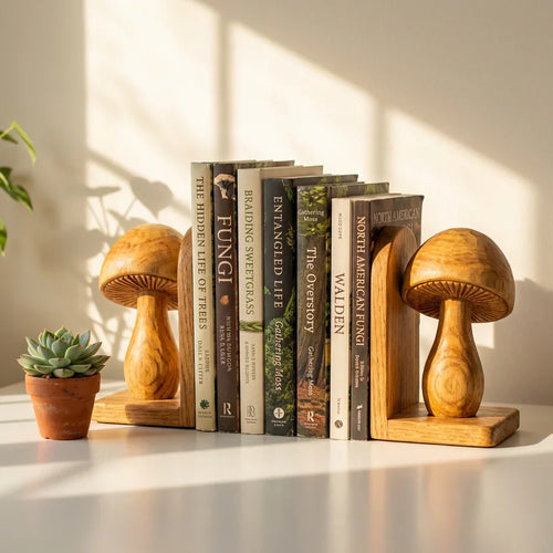 Handcrafted Mushroom Bookends Pair With Carved Gill Detail