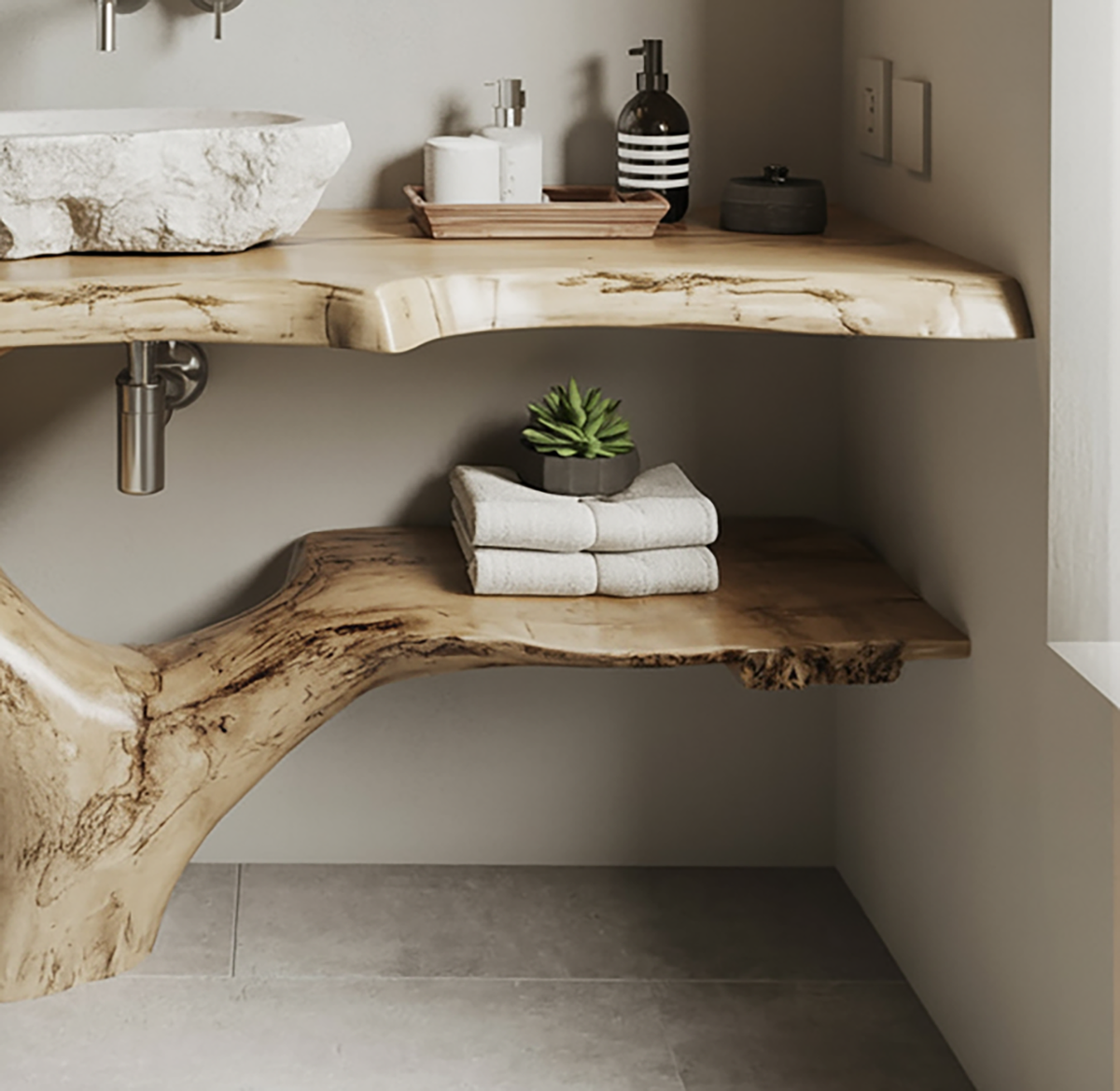 Handcrafted wooden vanity with live edge inspired design