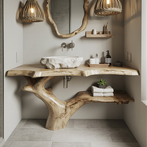 Handcrafted Natural Edge Bathroom Vanity Organic Wood Base