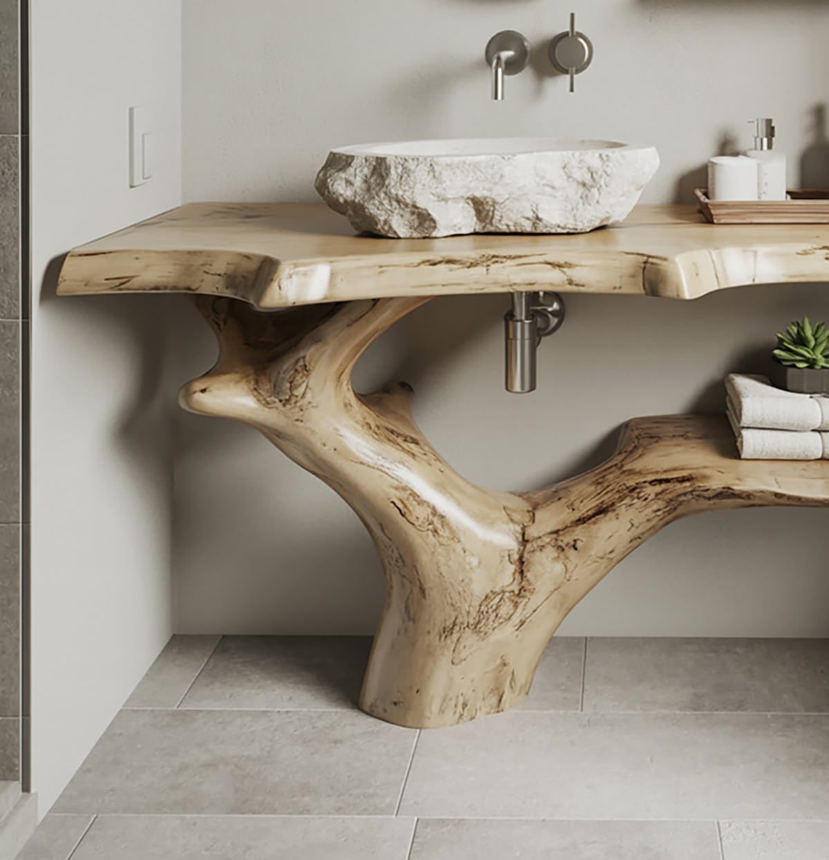 Solid wood bathroom vanity with organic sculptural base