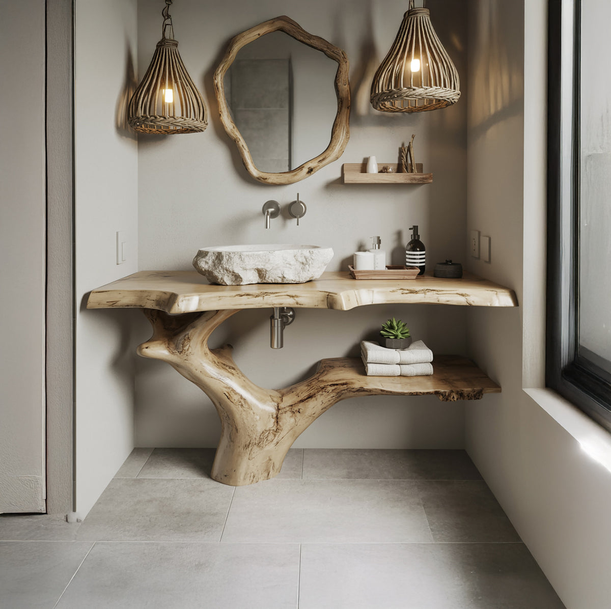 Natural edge bathroom vanity with organic solid wood base
