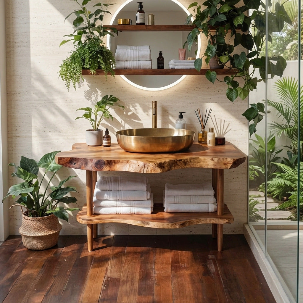 Artisan wood bathroom vanity adding warmth to a minimalist bathroom