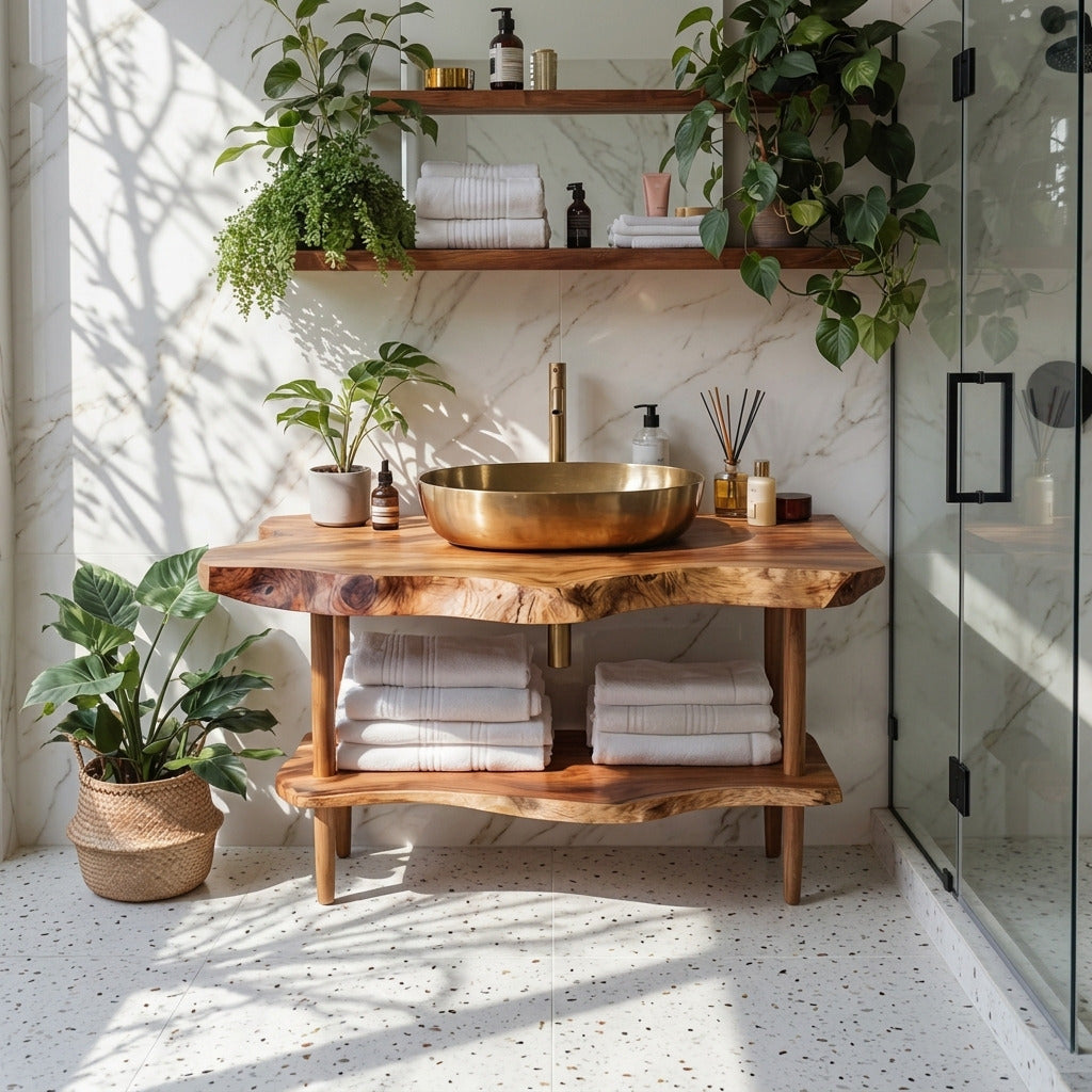Handcrafted natural edge solid wood bathroom vanity in a modern bathroom
