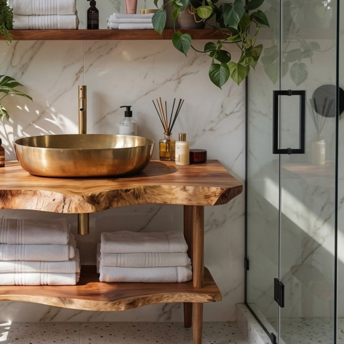Natural edge wood vanity with handcrafted design