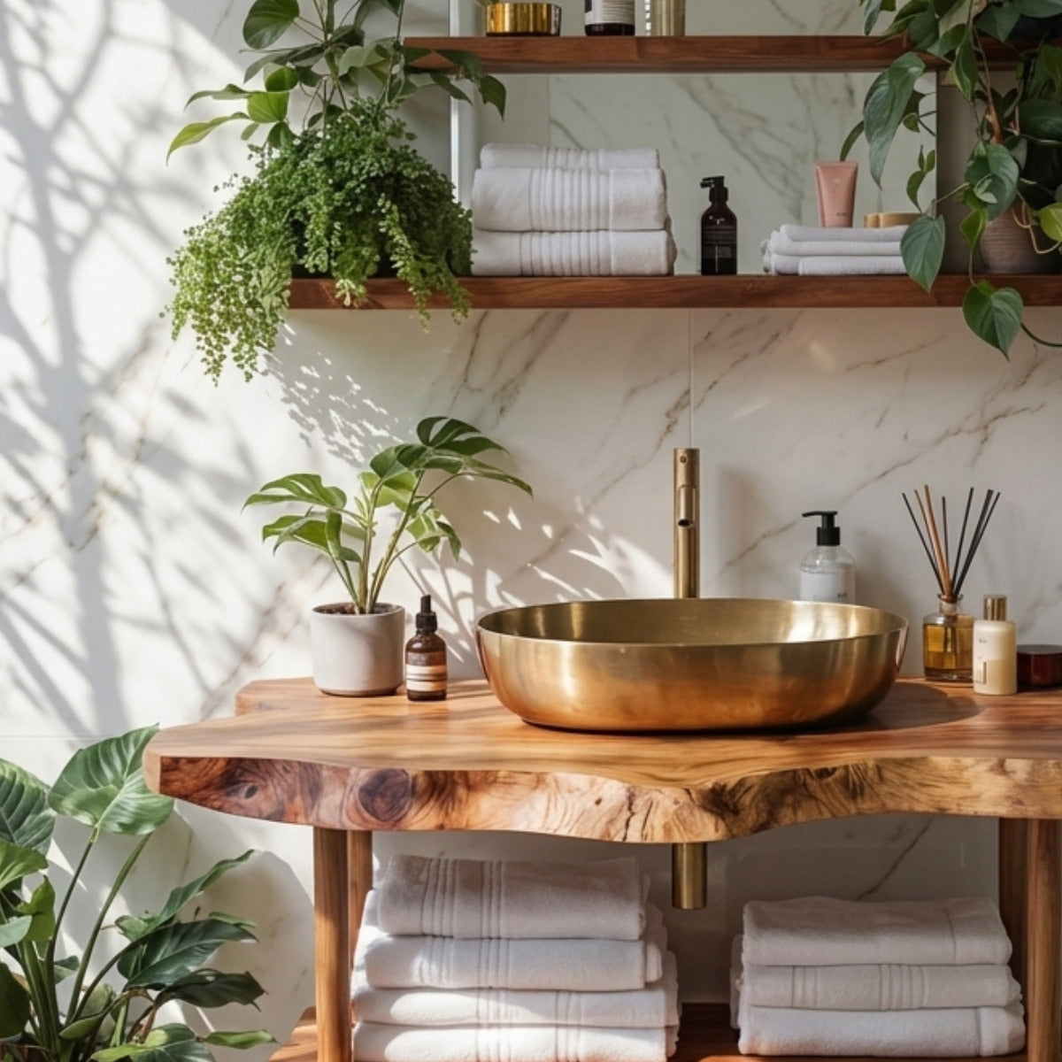 Modern solid wood bathroom vanity with sculptural base