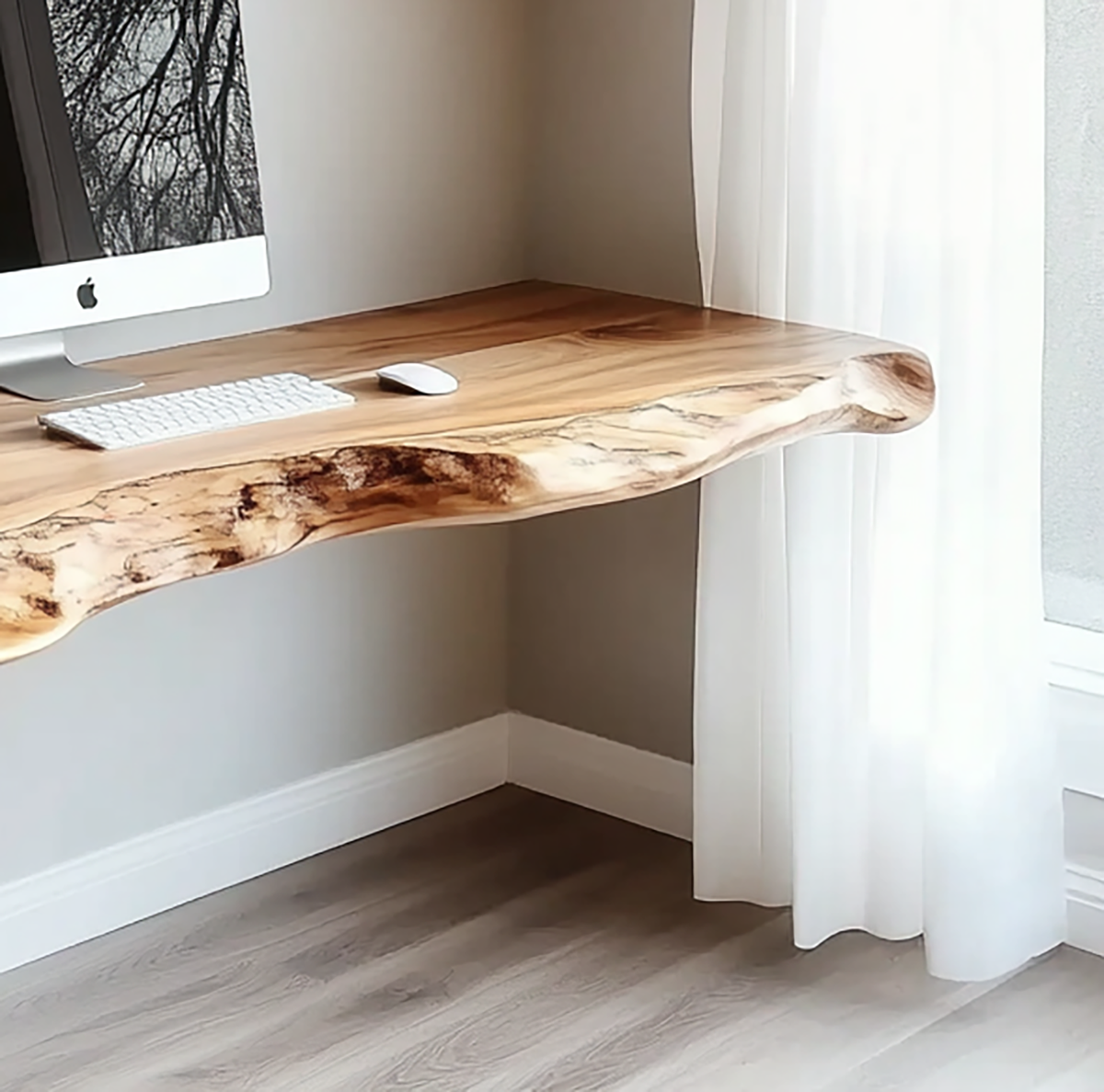 Handcrafted wooden floating shelf with natural live edge