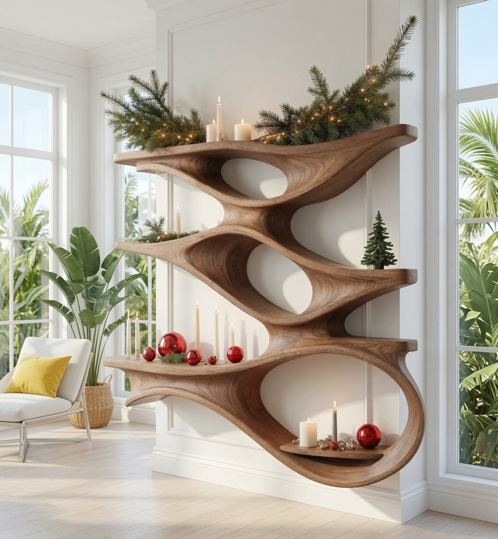 Organic solid wood wall shelf creating an elegant display in a cozy reading nook