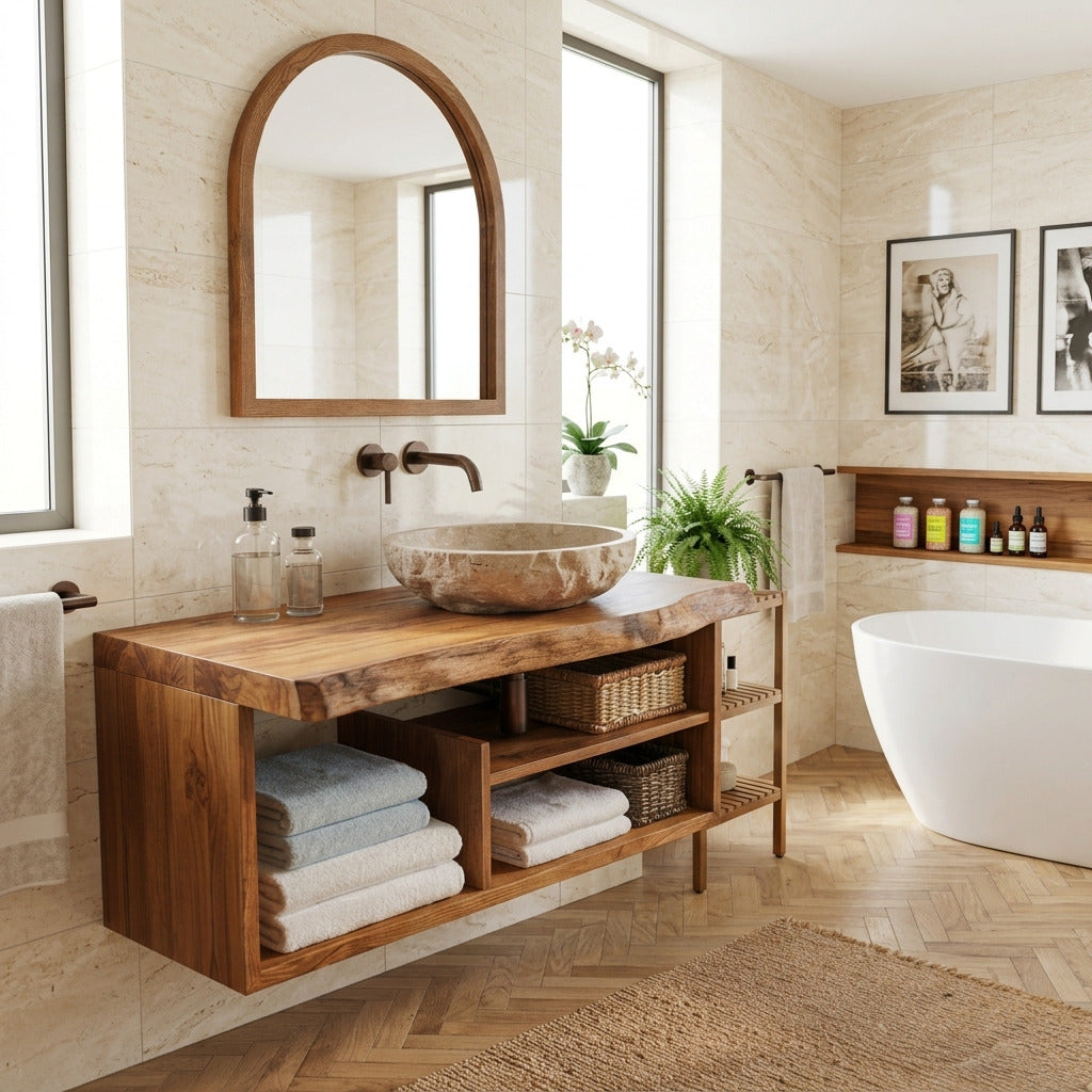 Handcrafted rustic bathroom shelf made from solid wood