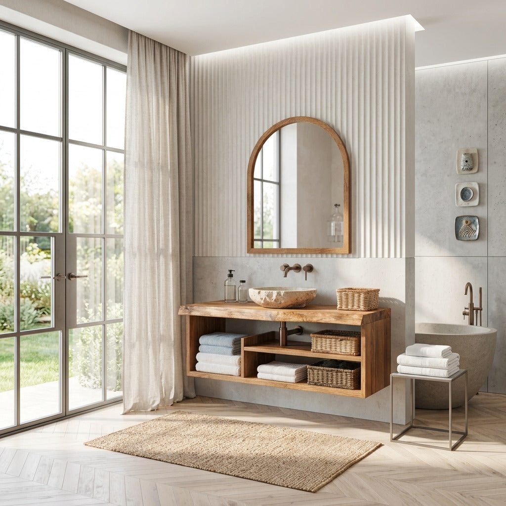 Farmhouse wooden bathroom shelf styled in a modern bathroom