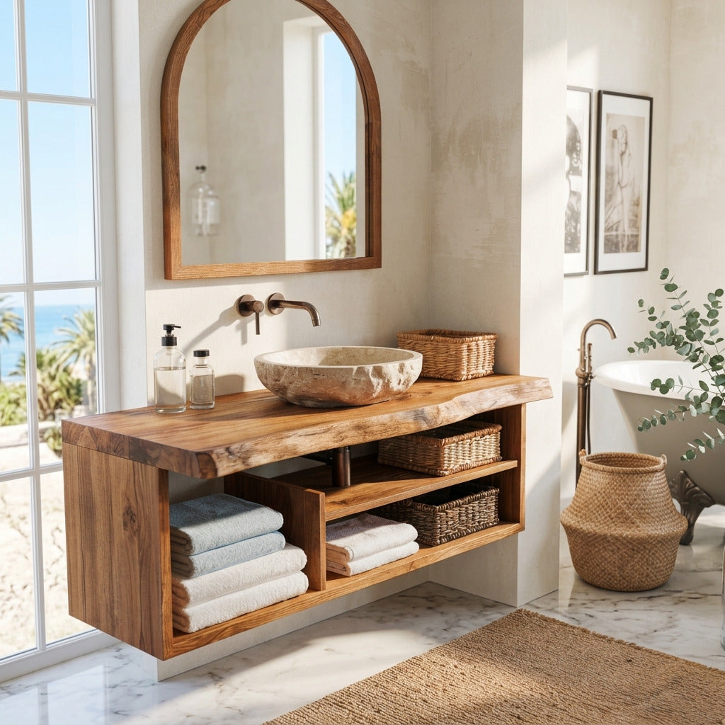 Handcrafted solid wood bathroom shelf in a rustic bathroom