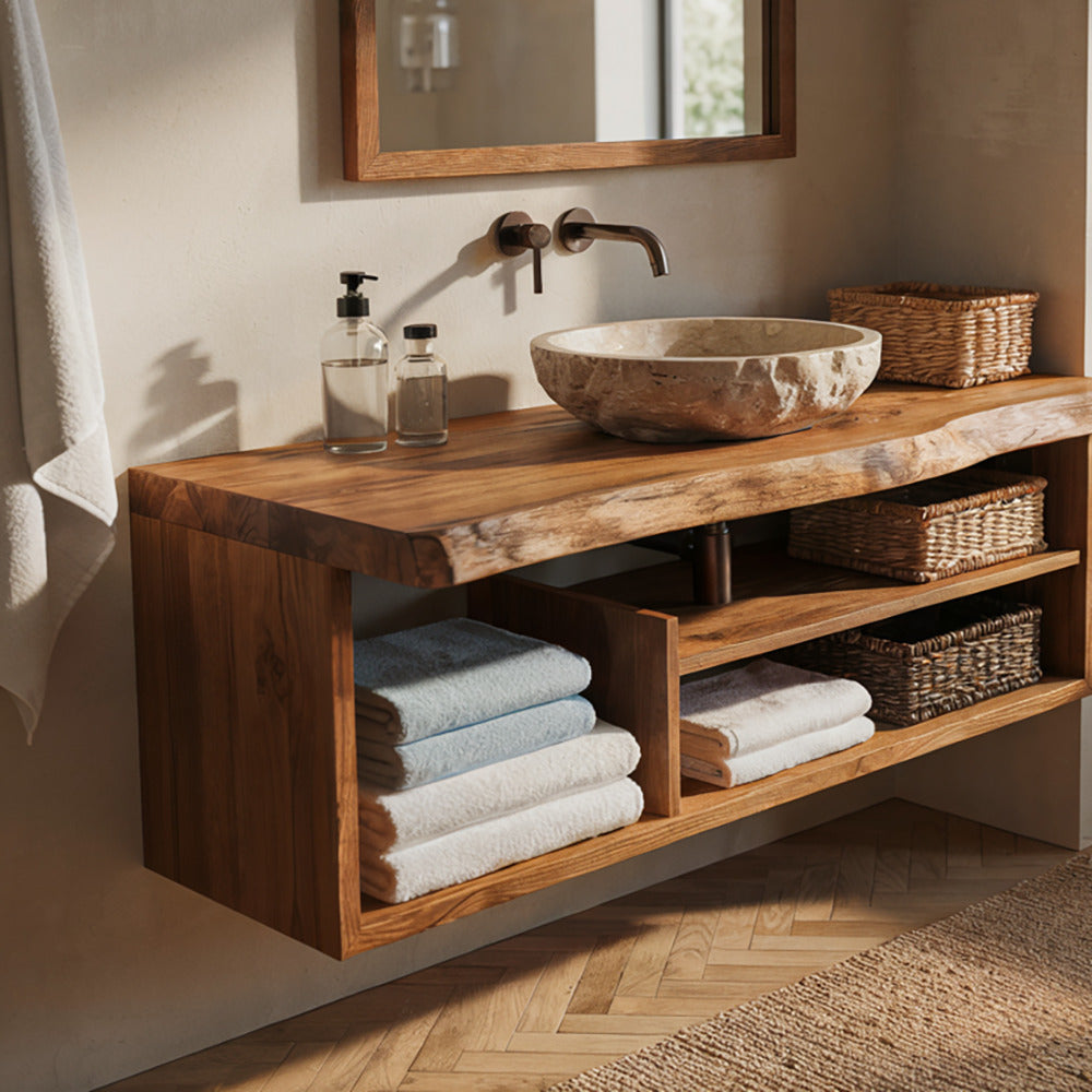 Rustic wall-mounted solid wood bathroom shelf