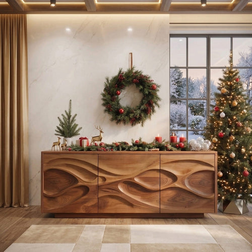 Handcrafted Sculptural Christmas Solid Wood Sideboard
