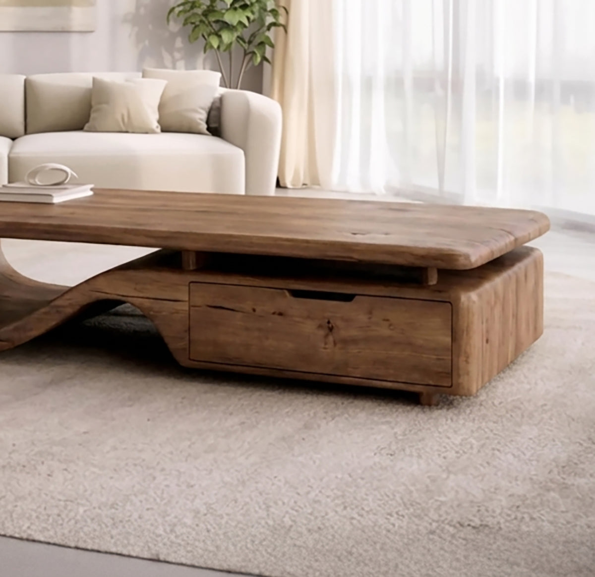 Handcrafted Sculptural Solid Wood Coffee Table with Storage