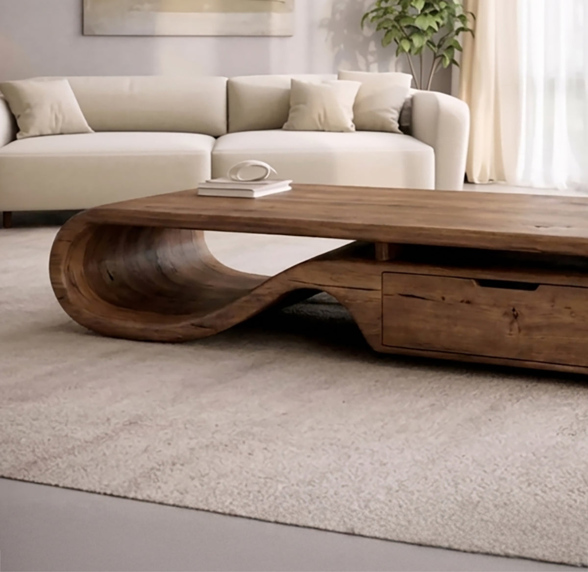 Handcrafted Sculptural Solid Wood Coffee Table with Storage
