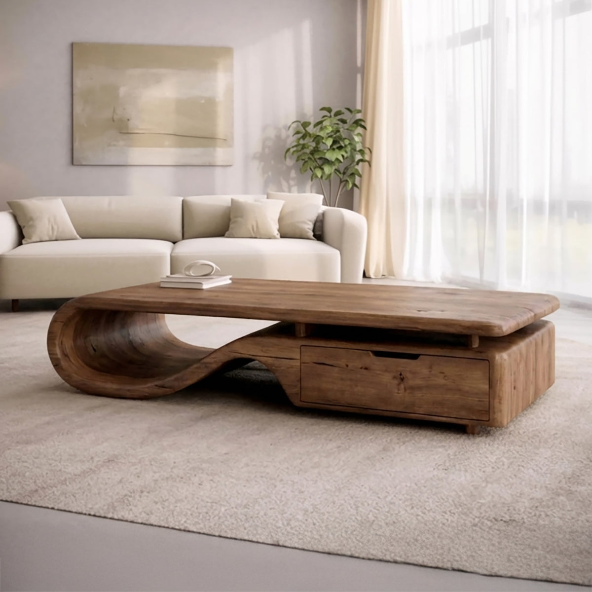 Handcrafted Sculptural Solid Wood Coffee Table with Storage
