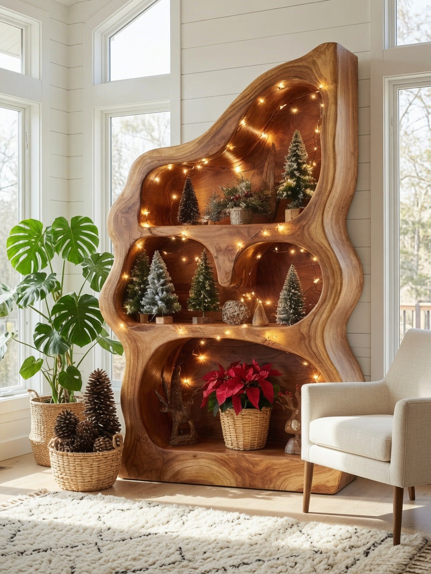Handcrafted wooden display shelf showcasing books and décor in a cozy reading nook