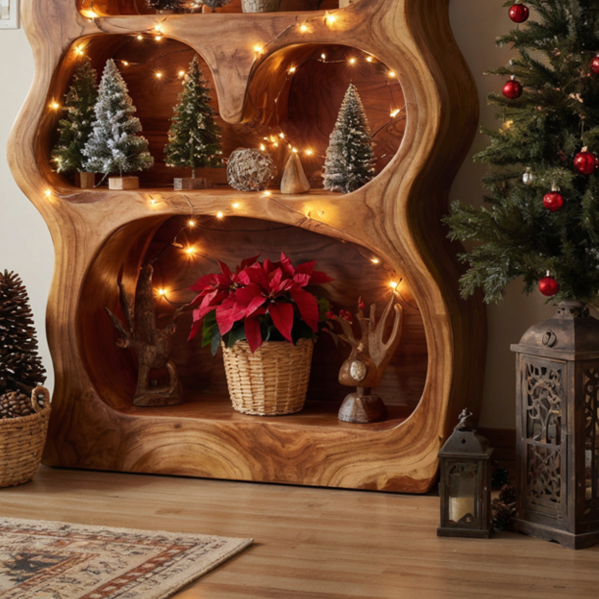 Artistic wooden display shelf crafted from solid wood