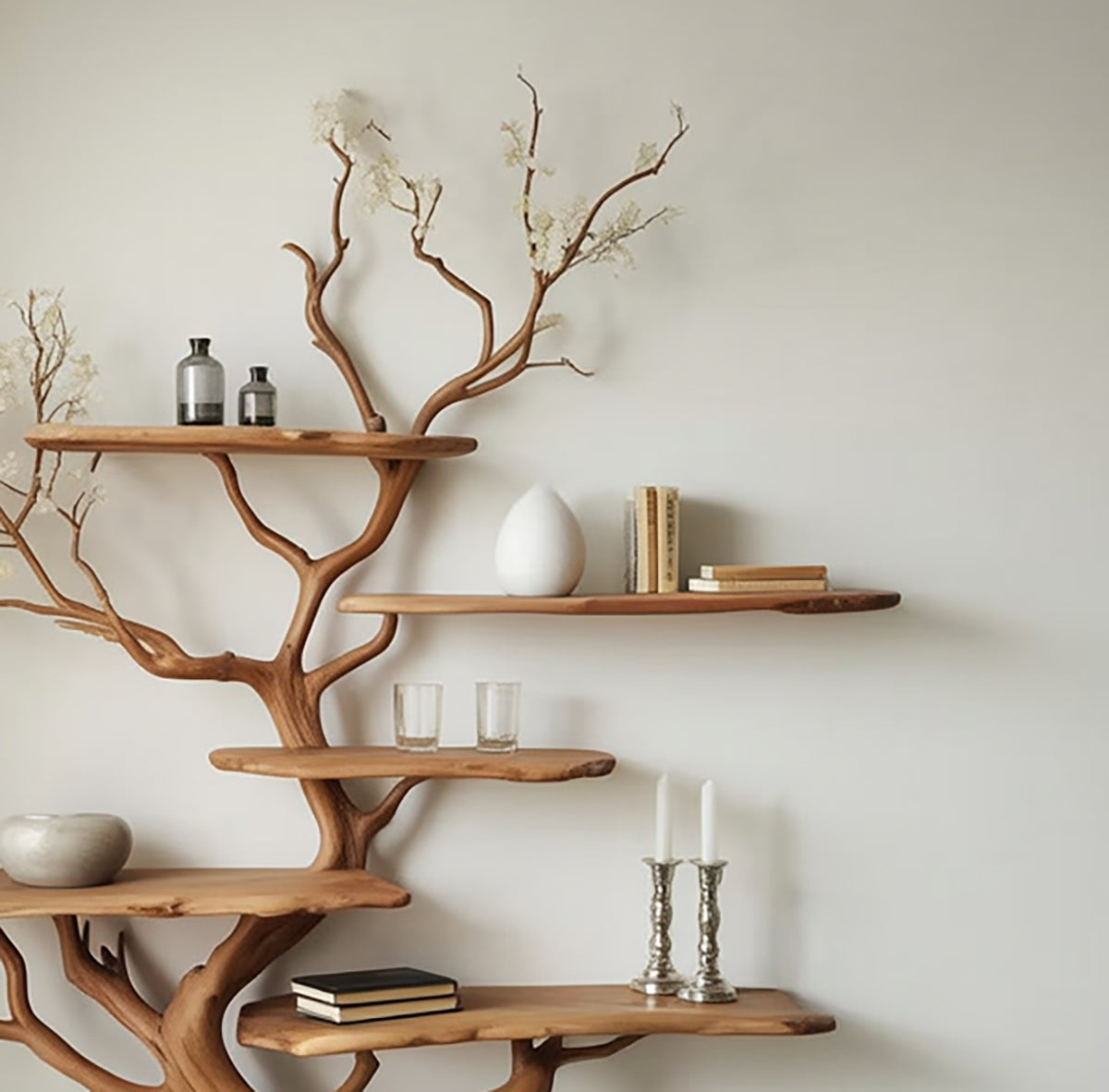 Close-up of live edge wood grain on handcrafted sculptural wall tree shelf 
