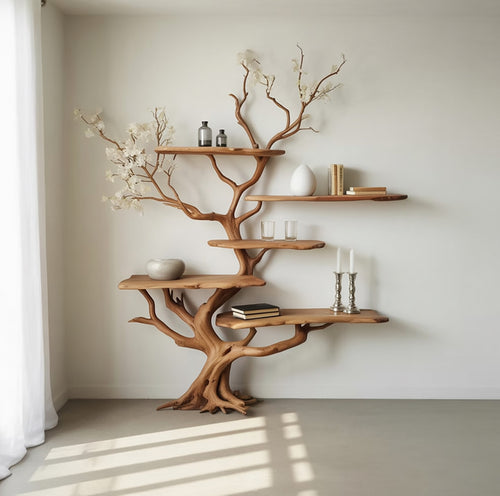 Handcrafted Sculptural Tree Shelf with Live Edge – Modern Organic Corner Furniture