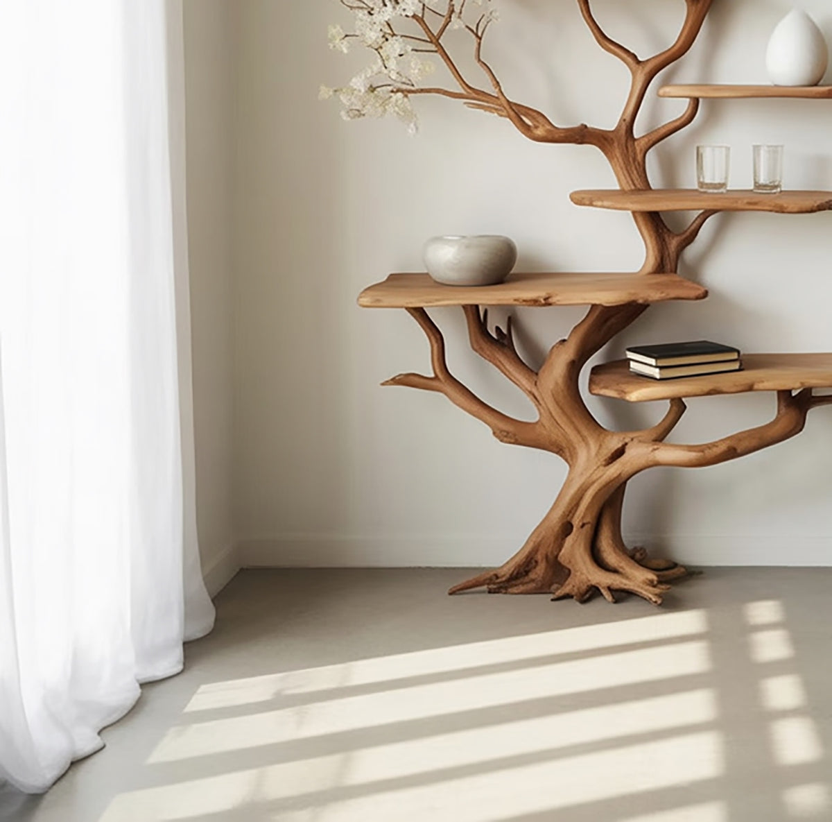 Close-up of live edge wood grain on handcrafted sculptural wall tree shelf 