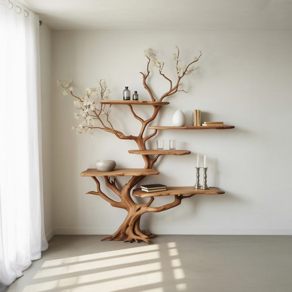 Sculptural live edge tree shelf, 75 by 55 inches