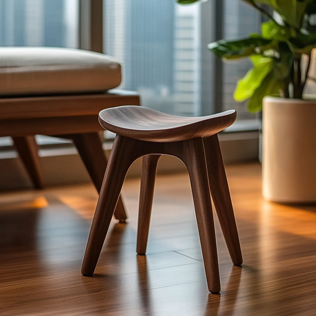 Japandi wood shower stool styled beside a freestanding bathtub in a spa-inspired bathroom