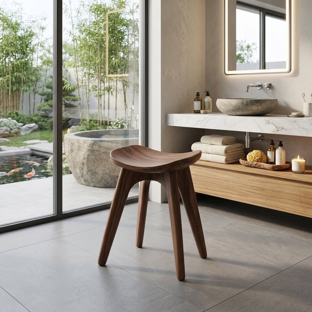 Sculptural solid wood vanity stool displayed in a minimalist bathroom setting