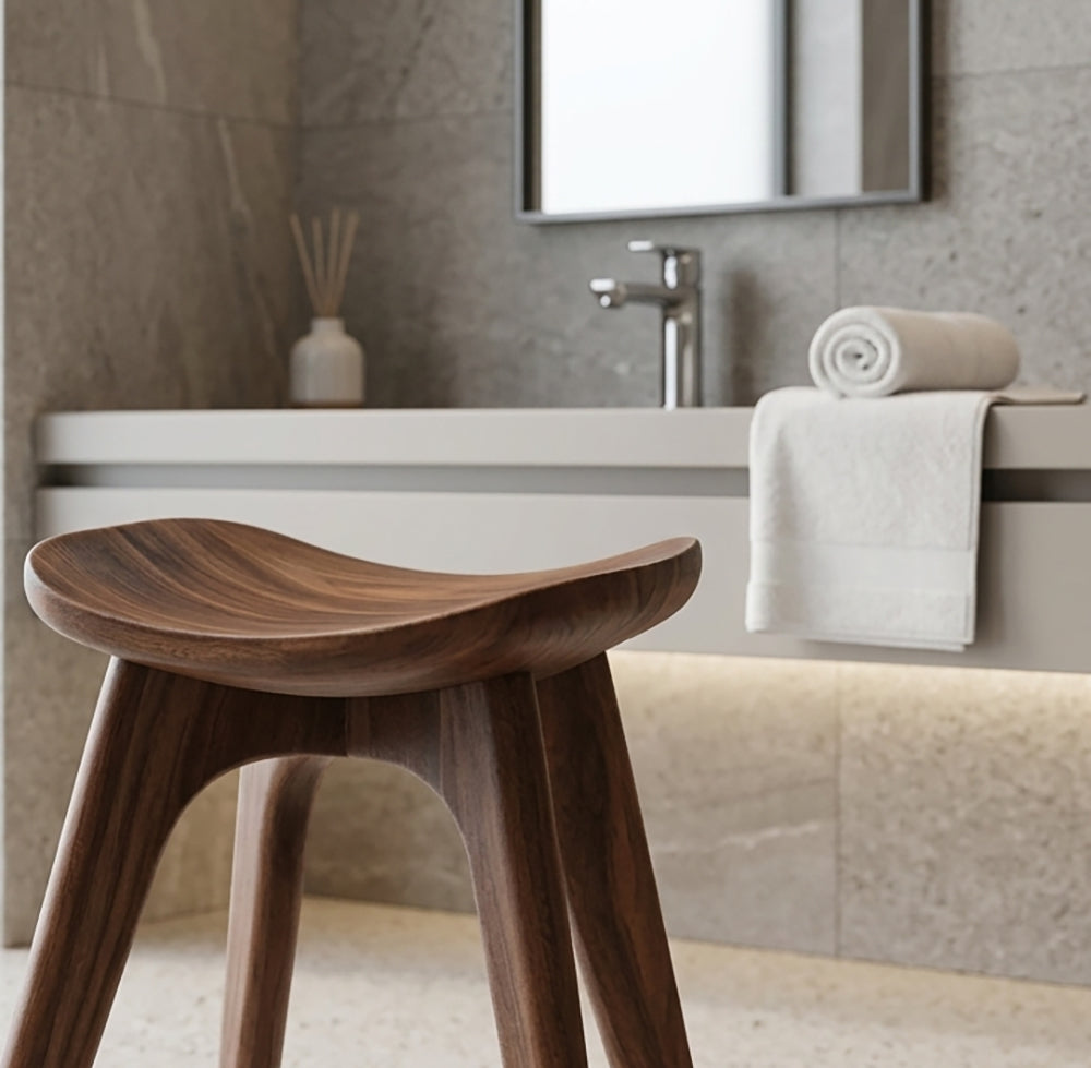 Handcrafted wooden bath stool designed for shower seating and everyday bathroom comfort