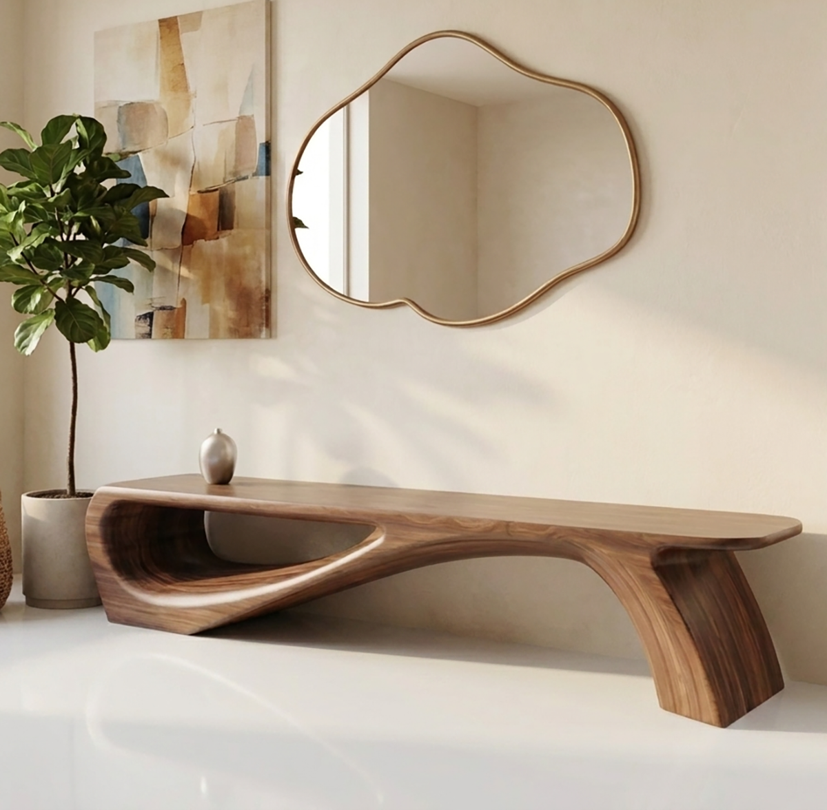 Sculptural wood bench with curved wave inspired form