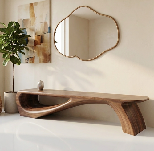 Handcrafted Solid Wood Artistic Wood Bench – Soft Organic Wave Silhouette
