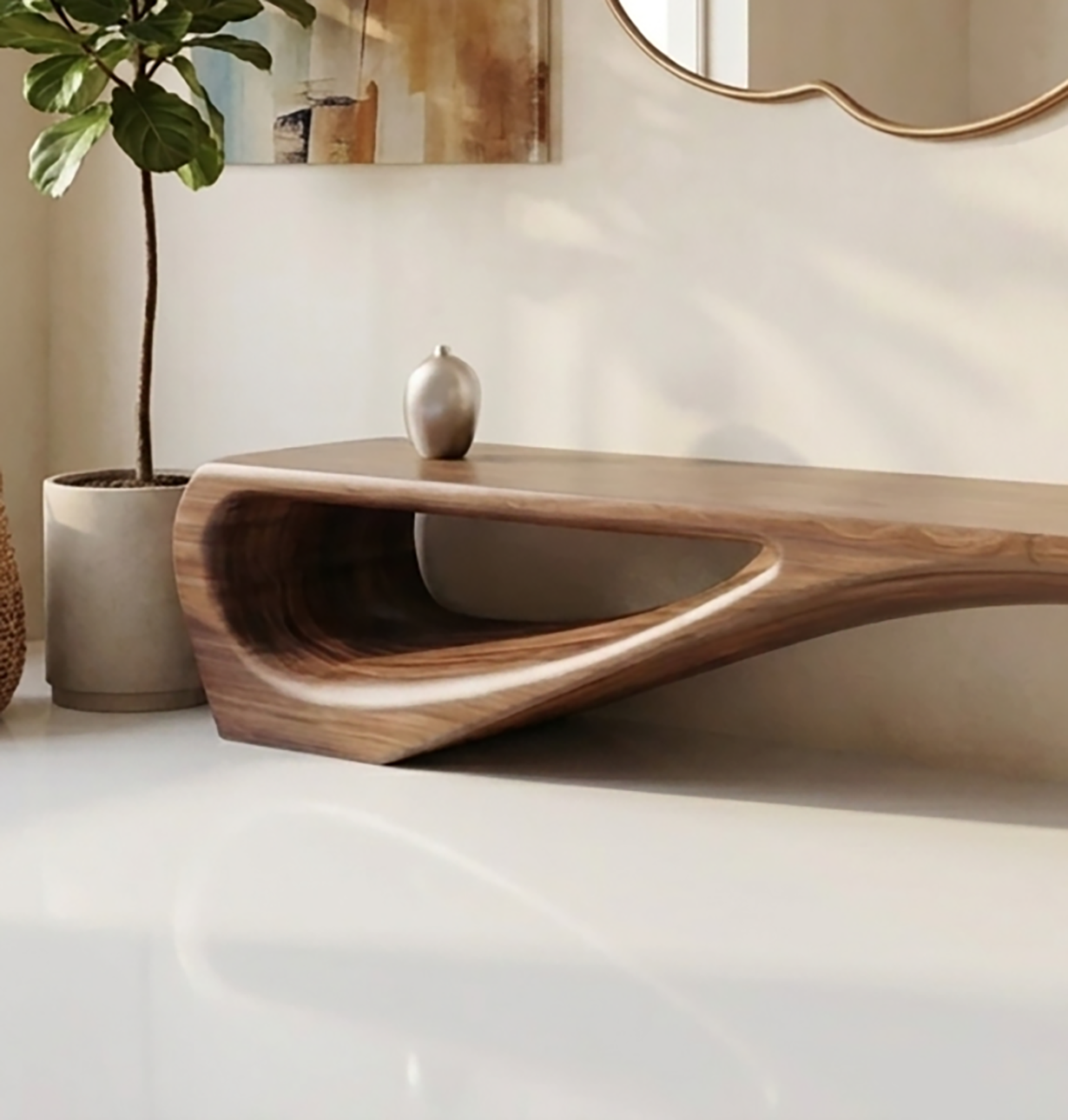 Handcrafted Solid Wood Artistic Wood Bench – Soft Organic Wave Silhouette