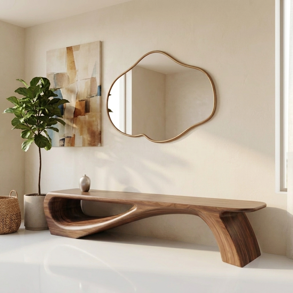 Artistic solid wood bench with soft organic wave silhouette