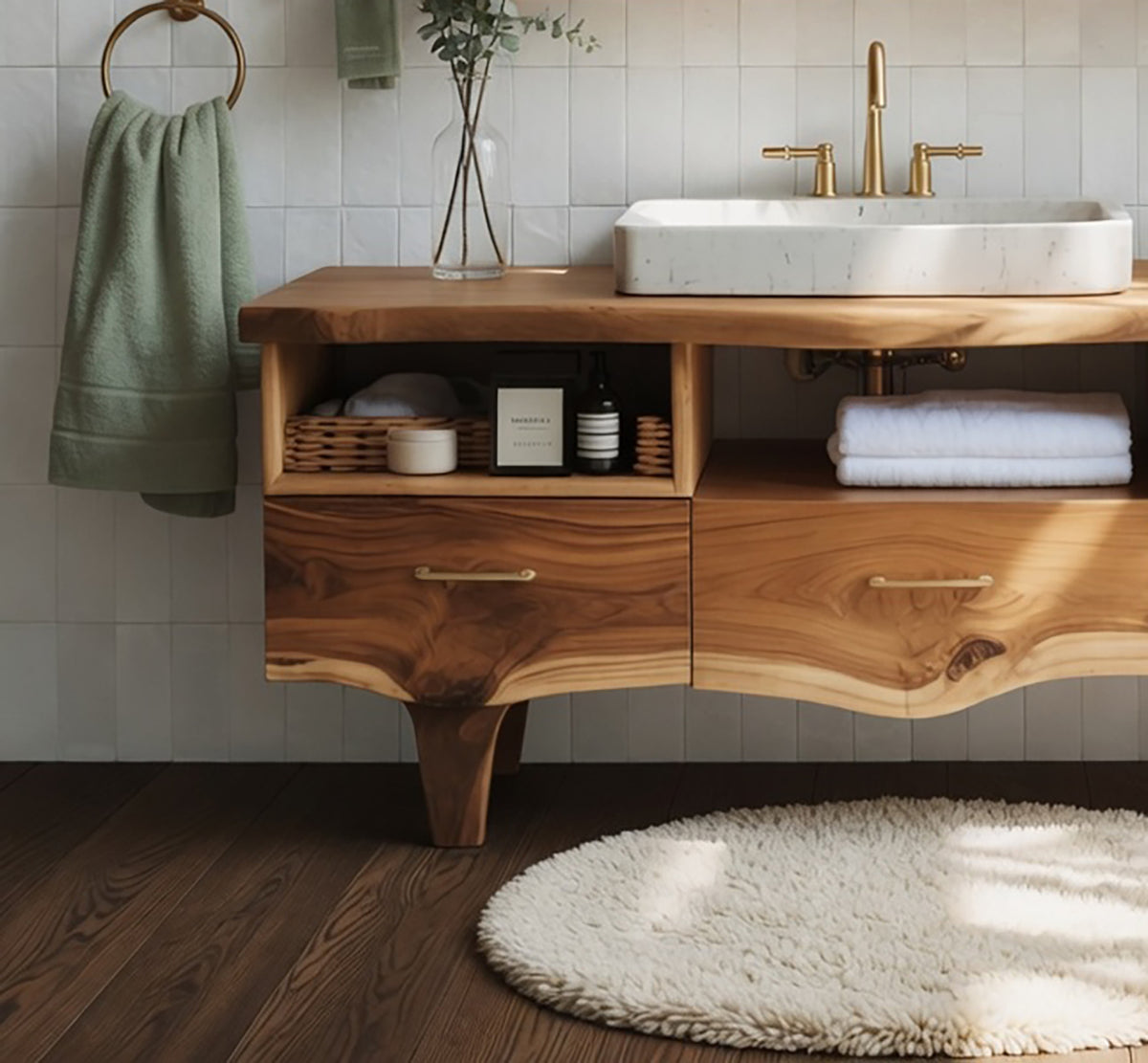 Handcrafted Solid Wood Bathroom Vanity-Live Edge Design with Storage