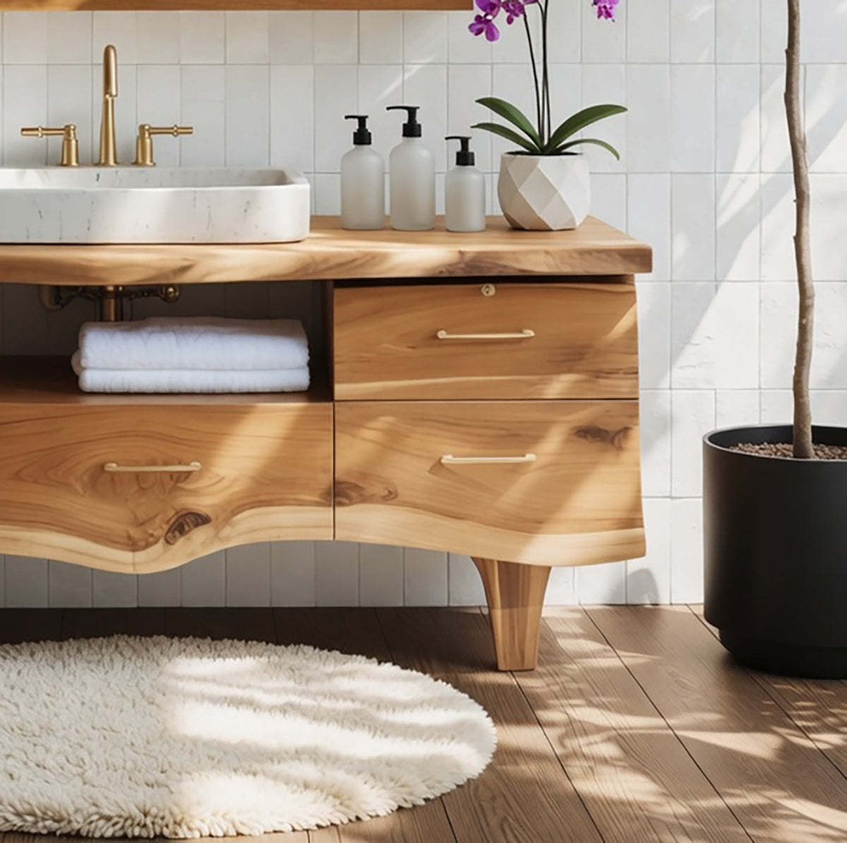 Handcrafted Solid Wood Bathroom Vanity-Live Edge Design with Storage