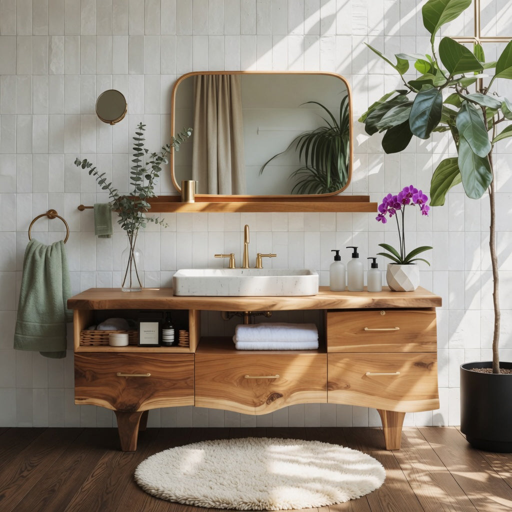 Handcrafted Solid Wood Bathroom Vanity-Live Edge Design with Storage
